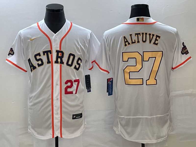 Men%27s Houston Astros #27 Jose Altuve Number 2023 White Gold World Serise Champions Patch Flex Base Stitched MLB Jersey